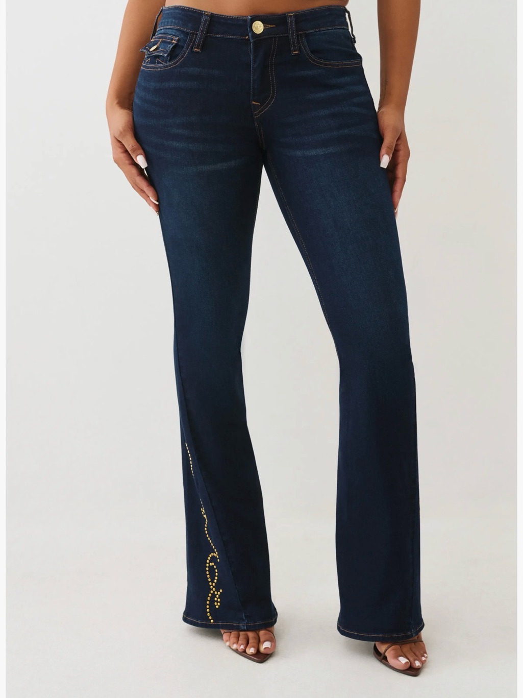 Women’s Dark Blue Flare Jeans With Embellished Hem